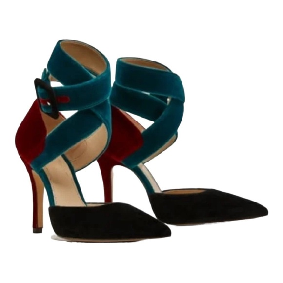 ZARA Teal Burgundy Velvet Ankle Strap Colorblock Heels Size 8 - Picture 6 of 10